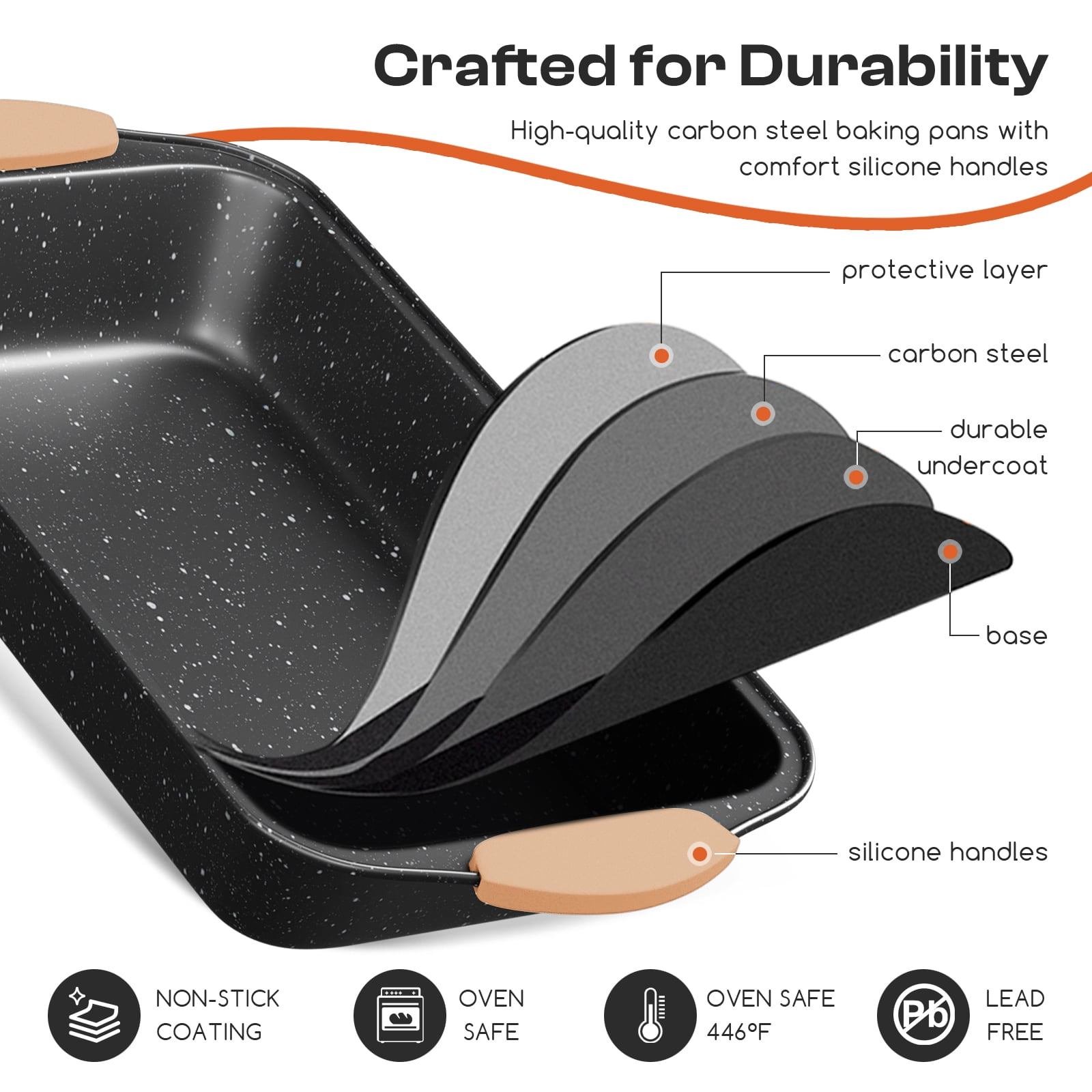Slow Slog Nonstick Bakeware Set, 14-Piece Baking Pans Set, Stackable Baking Sheet Pans with Silicone Handles, Khaki&Black