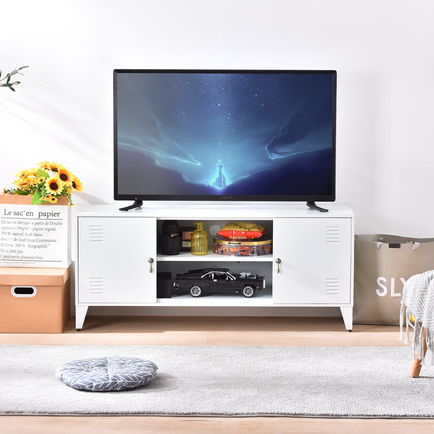 Home Metal Tv Cabinet With Doors And Shelves Storage For Tvs Up To 55 Inch Modern Living Room Tv Stand Storage Entertainment Center Tv Console Table Storage Cabinet For Office White Q168