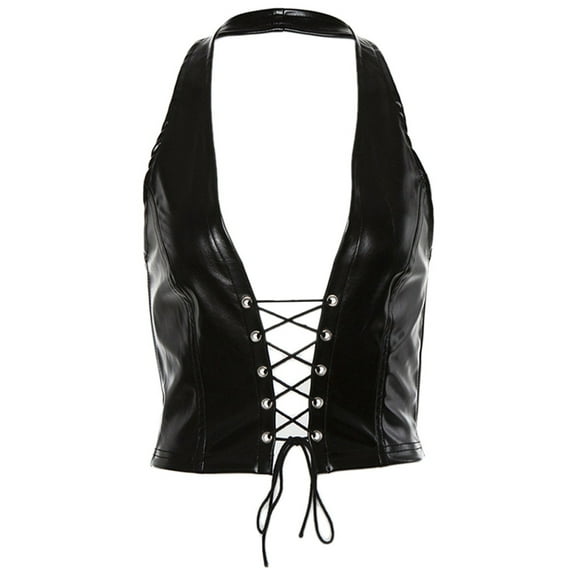 SIEYIO Women Punk Sleeveless Crop Top Sexy Halter V-Neck Backless Hollow Vest Faux Patent Leather for Cross Lace-Up Party Clubw