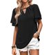 thumbnail image 1 of Camiseta informal con cuello en V para mujer, mangas con volantes, costuras de encaje ahuecadas, tipo suelto, informal, para verano, negro, S, 1 of 6
