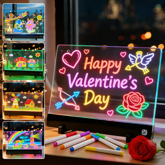 Soluxeo LED Drawing Board for Kids, Rechargeable Acrylic Glow Doodle LED Dry Erase Board with 4 Colors, Sketching Gift Toy for Teens, 7 Markers & 7 Writable Board
