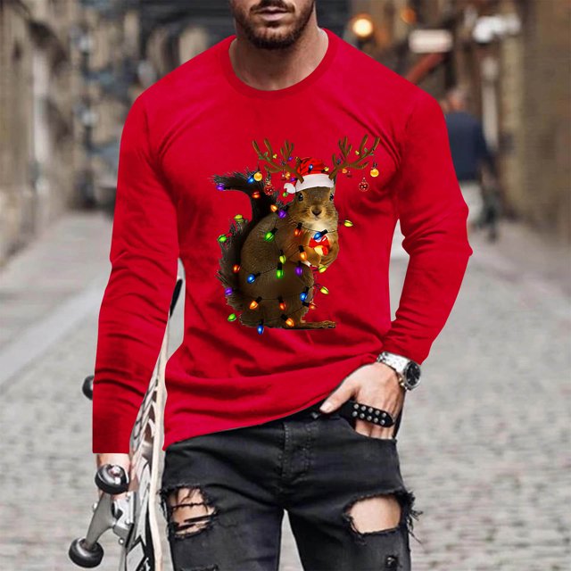Blusas y camisas de manga larga con cuello redondo para hombre Blusa de manga larga con cuello redondo y estampado navideño para hombre Blusa de poliéster para hombre