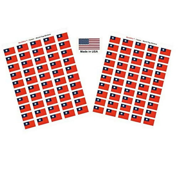 Made in USA! 100 Country Flag 1.5" x 1" Self Adhesive World Flag Scrapbook Stickers, Two Sheets of 50, 100 International Sticker Decal Flags Total (Taiwan)