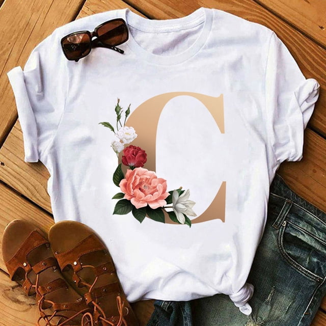 Nombre personalizado letra combinación moda mujer camiseta flor letra fuente ABCDEFG manga corta Tops negro camiseta ropa Tan Jianjun unisex