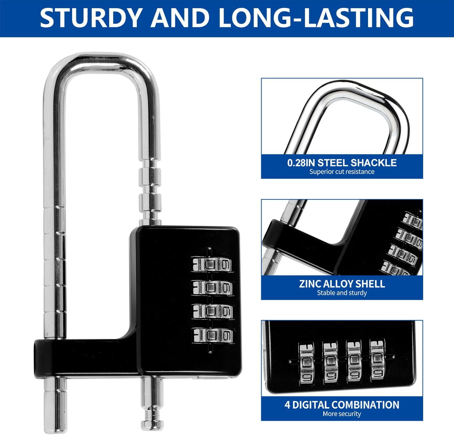ABCISI Combination Padlock with Adjustable Shackle to Fit Different Locking Points, Zinc Alloy Versatile Lock for Cabinet Bike Gym Fences & Gate, Compact Size Can be Easily Carried and Stored, Black
