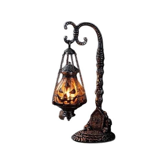 Halloween Decor Gothic Pumpkin Lantern Holder, 17 x 12 x 12 Inch Resin LED Light Up Ornament for Mantel Shelf Tabletop Display, Indoor Home Seasonal Decorations Fall Accents