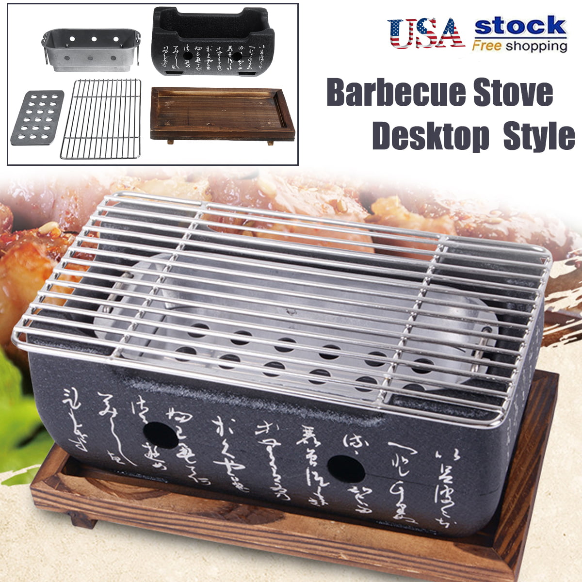 Portable Grill,Camping Grill,Portable Charcoal Grill,Aluminum Alloy Hibachi Grill,Japanese BBQ Grill,Indoor Grill,with Wood Tray,with Grill Mesh,for Yakiniku Yakitori and BBQ BBQ Grill,Size:S 
