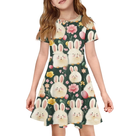 yuCgh Floral Easter Dress for Toddler Girls, Short Sleeve Summer Dress with Pocket, Casual Party Dress for Easter Day & Spring Outings,Army Green 110