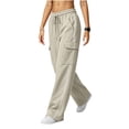 thumbnail image 4 of Womens High Waisted Wide Leg Cargo Sweatpants Baggy Y2K Striped Fleece Pants Elastic Waist Drawstring with Flap Pockets Streetwear Outfits, Beige, M, 4 of 5