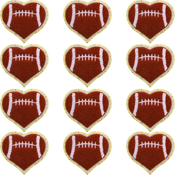 TELOLY 12 Pack Football Iron on Patches Football Heart Patch,Gold Edges Chenille Embroidered Patches Appliques Garment Embellishments for DIY Clothing Jackets Hat Backpack,Brown