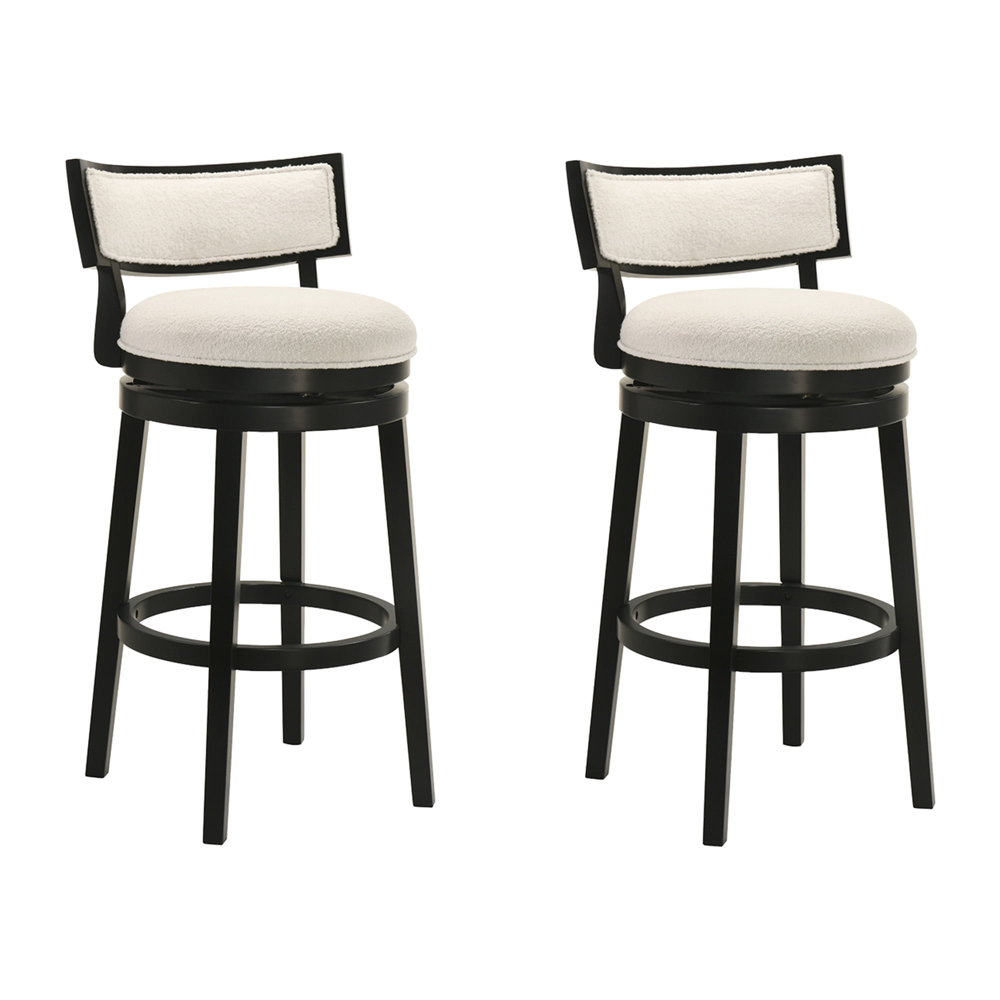 Noely Modern Farmhouse Swivel Wood Bar Height Kitchen Bar Stool in Black Finish with White Boucle Fabric Upholstered Seat - Set of 2