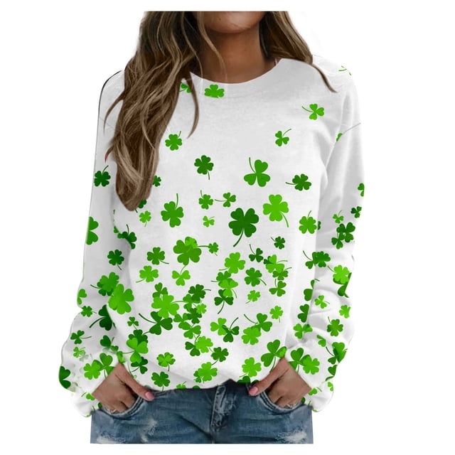 QIPOPIQ Chandails en Molleton à Manches Longues pour Femmes T-shirts de la Saint-Patrick T-shirt Shamrock T-shirt Vert Tee T-shirts de la Saint-Patrick Tunique Col Rond Hauts Amples Chandail en Molleton Chemises de Vacances T-Shirts Graphiques Offres
