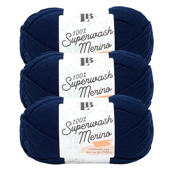 Lion Brand Yarn LBC Superwash Merino Midnight Blue Light Weight Extra Fine Wool Yarn 3 Pack