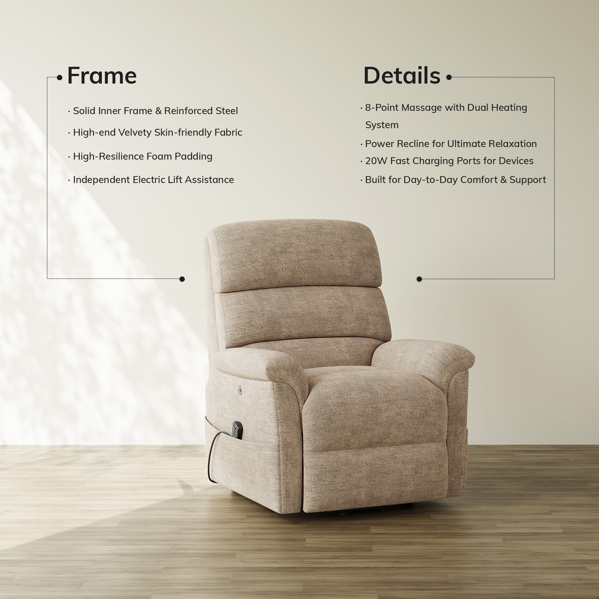 COLAMY Eleva Power Lift Recliner Chair with USB & Type-C Charge,Dual Motors Adjustment Recliner with Padded Upholstered Seat and Armrest, Double Storage Pockets, Camel