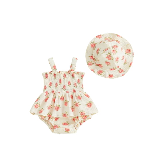 Cenuakty Girls Romper Dress Casual Rose Print Elastic Straps Sleeveless Jumpsuit and Sun Hat Set Fashion Clothes Outfits