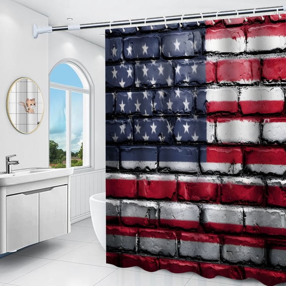 Fmbmuo Independence Day Shower Curtain Digital Printing 71x48 Inch Waterproof Machine Washable Polyester Fabric No Punching Hanging Partition Curtain with 12 Hooks Bathroom Decoration for Bathtub