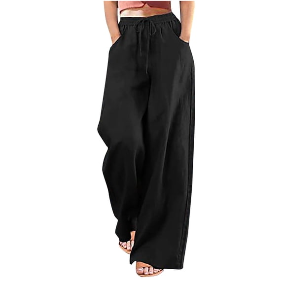 Plebaso Pants for Women Casual Solid Color Cotton Linen Wide Leg Pants With Elastic Straps Women's Lounge Pants