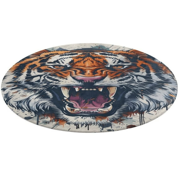 Tiger Animal Graffiti Washable Round Rug -Circle Area Rugs for Nursery Bedroom, Vintage Non Slip Non Shedding Low Pile Carpet for Living Room Coffee Table Entryway