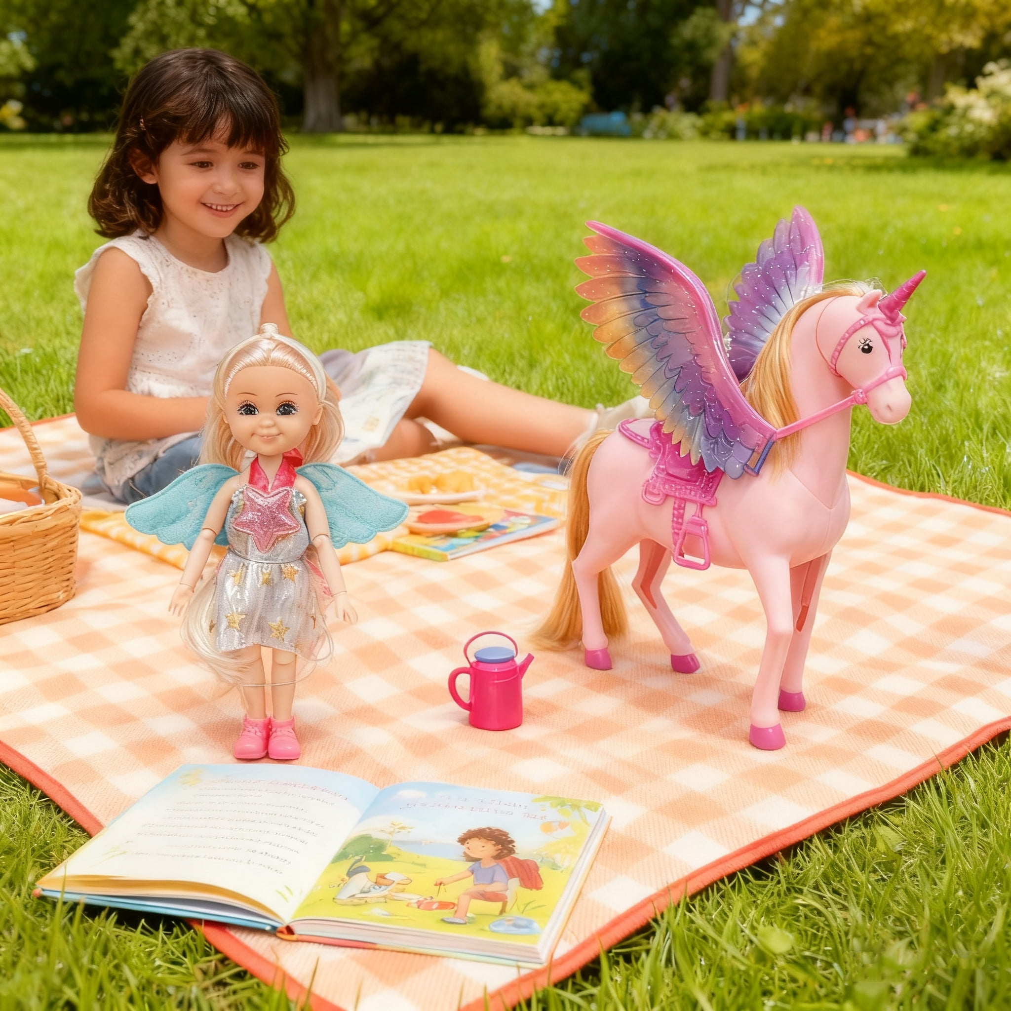 DEGIDEGI Unicorn Fantasy Doll & Pegasus Set, Rainbow Paradise Magic Princess Toy for Girls, Glitter Wings, Movable Accessories & Colorful Play Set for Girls and Boys 3+