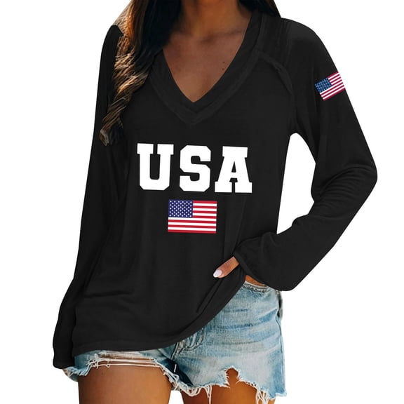 LEKODE USA Shirt for Women American Flag T-Shirts 1776 4th of July Patriotic Long Sleeve Tops Black L