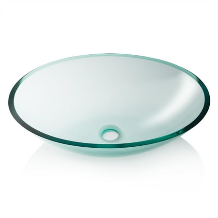 Round Above Counter Bath Sink - Miligore Modern Glass Vessel Sink - Above Counter Bathroom Vanity Basin Bowl - Oval Clear