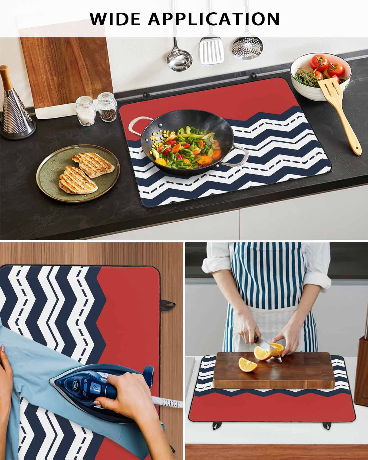 nqOlkjepod Large Induction Cooktop Protector Mat 36"x21", Black Chevron Stove Top Covers for Electric Stove, Geometric Navy Blue White Sea Wavy Striped Stove Burner Cover Mats, Glass Top Stove Cover