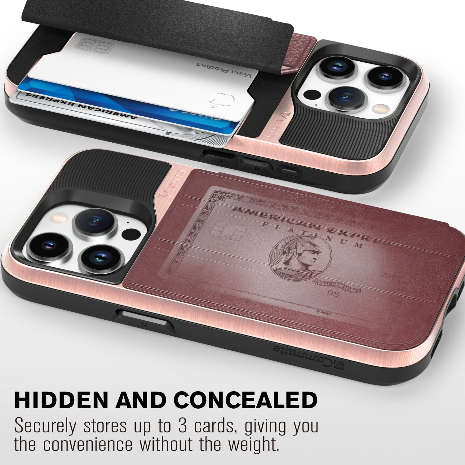VENA vCommute Wallet Case Compatible with Apple iPhone 15 Pro Max (6.7"), (Military Grade Drop Protection) Flip Leather Cover Card Slot Holder with Kickstand - Rose Gold / Red / Black