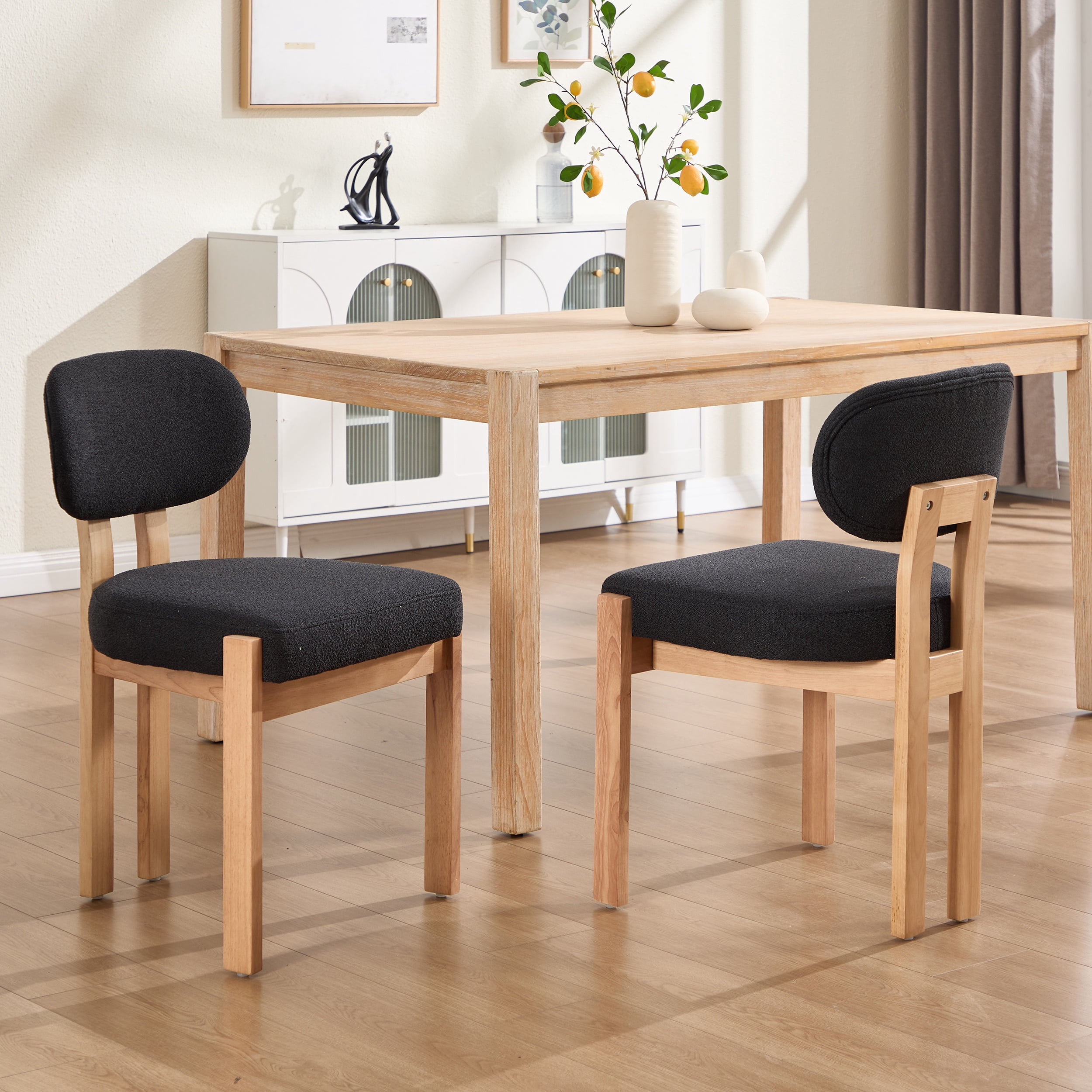 PORKISS Upholstered Dining Chairs Set of 2, Mid-Century Kitchen Chairs with Solid Wood Legs and Cushioned Wingback for Kitchen, Black