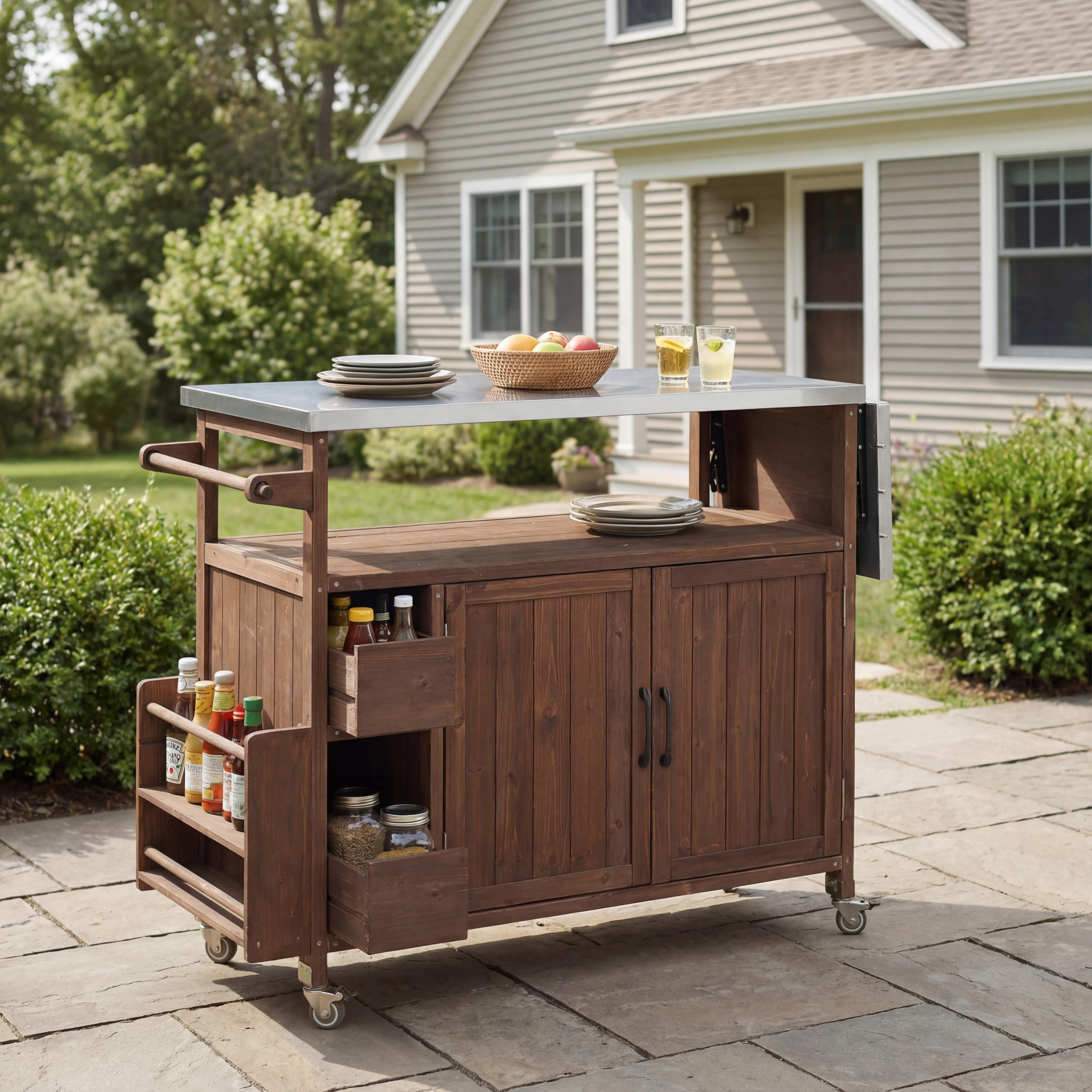 Rolling Kitchen Cart, 54.33 Inch Farmhouse Outdoor Serving Cart for Patio Backyard BBQ, Dark Brown