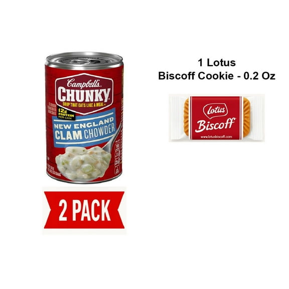 Campbells Chunky Soup, New England Clam Chowder, 18.8 Oz Can - Pack Of 2 & Lotus Biscoff Cookie - 0.2 Oz - 1 ct