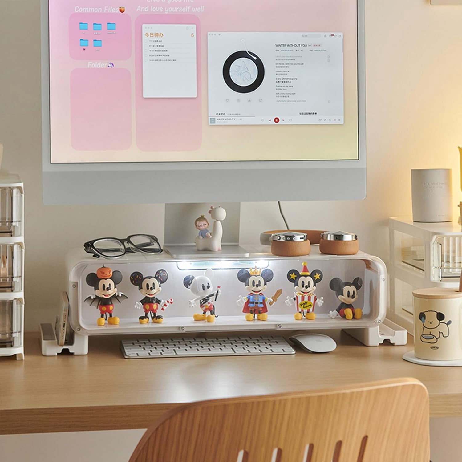 Monitor Stand Riser, Computer Monitor Stand with Drawer and Display Minifigures, Computer Desktop Stand with Lights, Removable Elevated Structure, Compatible with Computers, Desktops, and Laptops