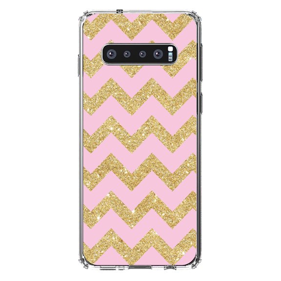 DistinctInk Clear Shockproof Hybrid Case for Samsung Galaxy S10 (6.1" Screen) - TPU Bumper, Acrylic Back, Tempered Glass Screen Protector - Pink & Gold Print - Chevron Pattern