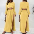 thumbnail image 6 of SOOMLON 2 Piece Skirt Set for Women Plus Size Long Sleeve Crop Tees Side Split Skirt Vacation Linen Matching Outfits, 6 of 8