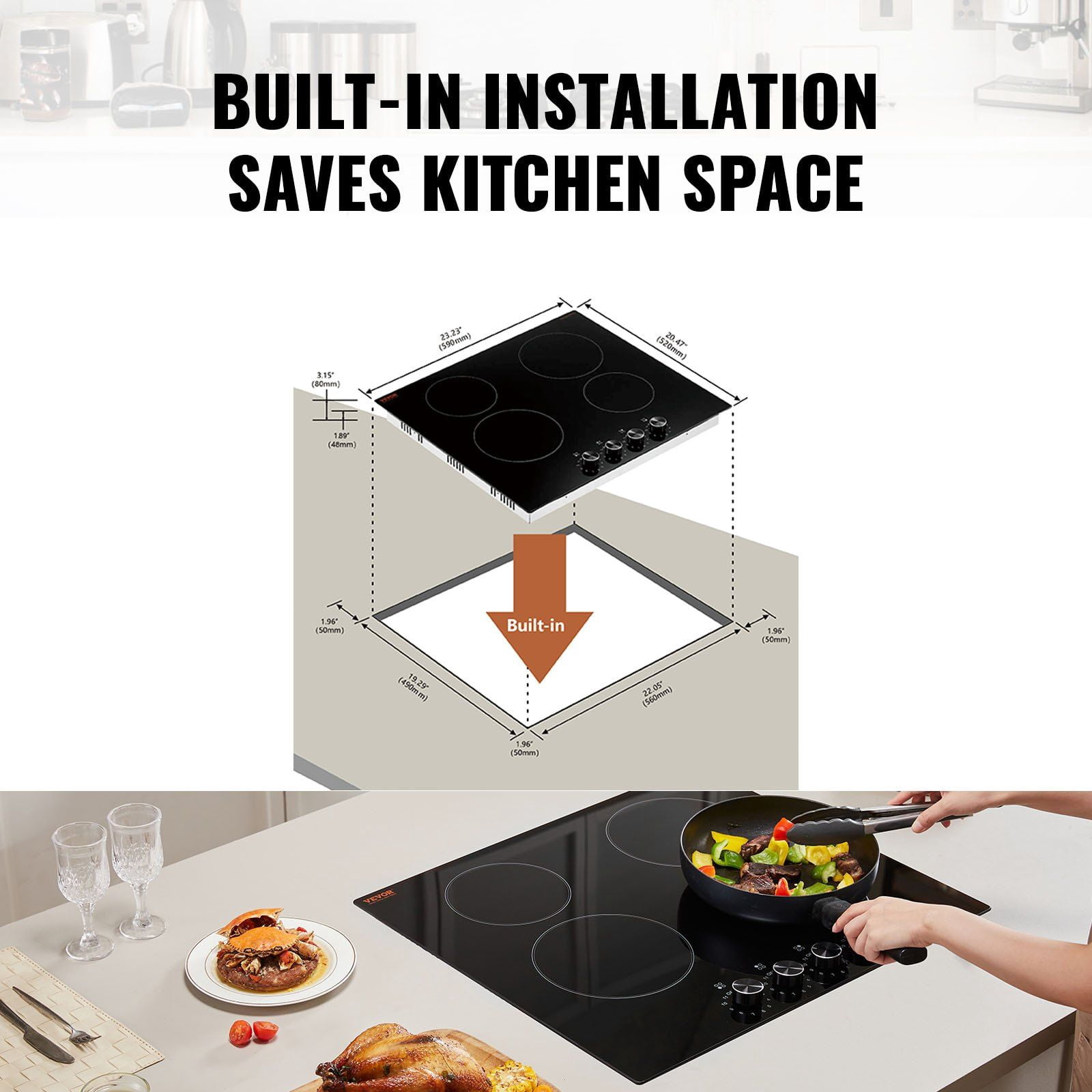 24 Inch 4 Burner Built In Electric Cooktop 6000W Ceramic Radiant Glass Panel Stove Top with Knob Control 11 Heat Levels 220 240V Hard Wire No Plug