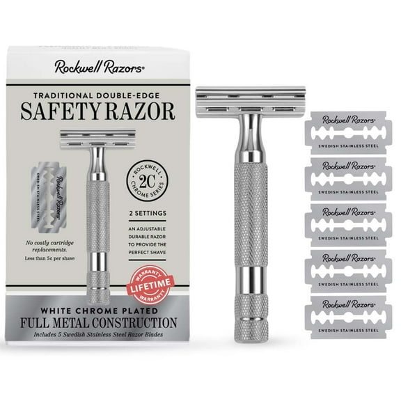 Rockwell Razors 2C Adjustable Double Edge Safety Razor for Men with 5 Razor Blades, White Chrome