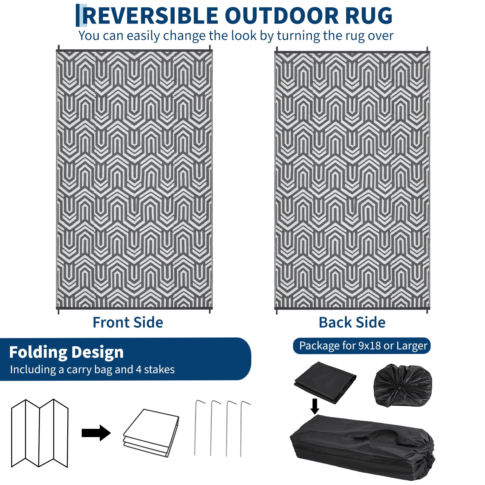 HIWEAVER 8' x 10' Gray/White Outdoor Rug PP Plastic Straw Woven Waterproof Patio Rug with Border Portable Outside Carpet for Balcony Deck Picnic Garden Decor
