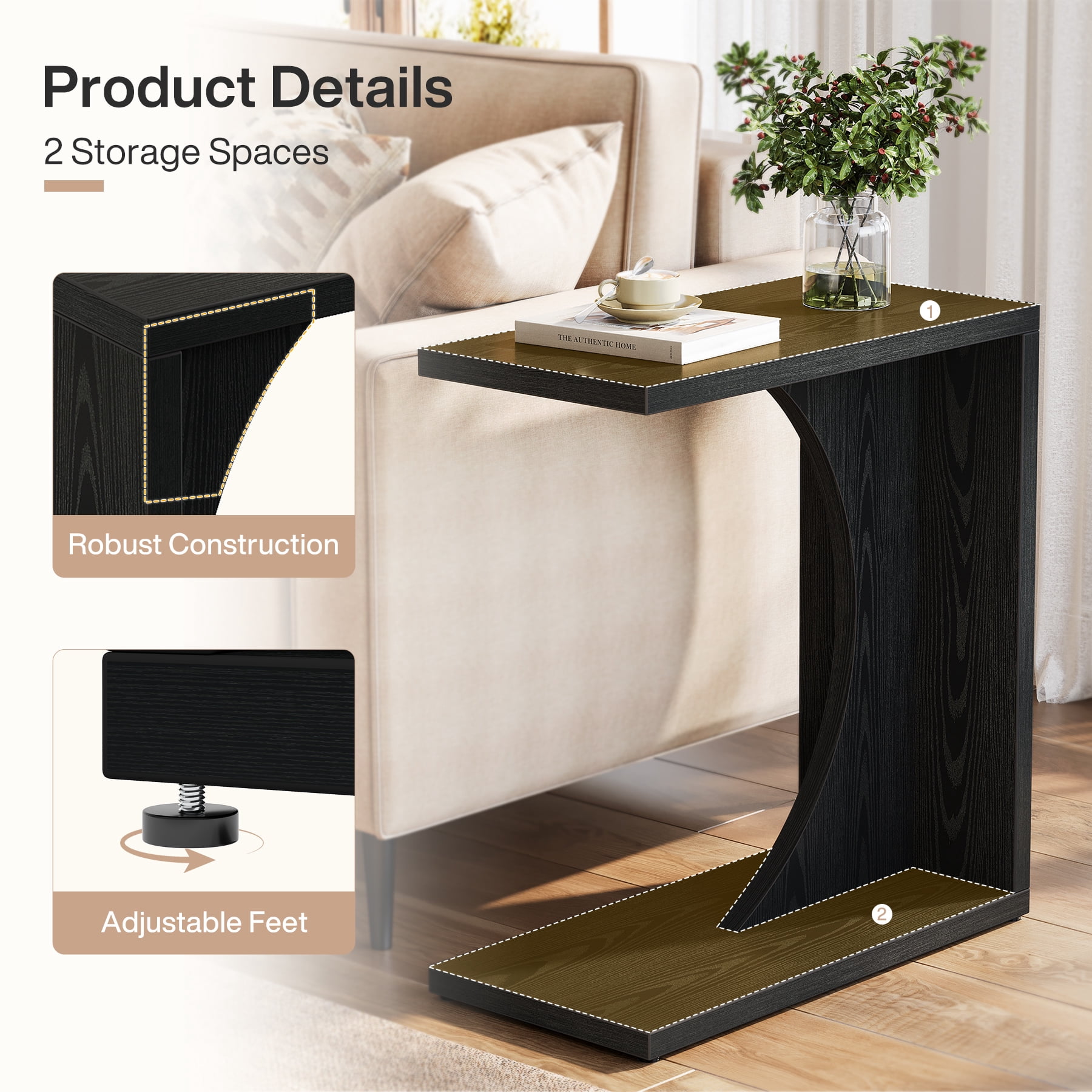 Fnova End Table Farmhouse C-shaped Side Table, Narrow Wooden Sofa Table with Space-Saving Design, Modern Bedside Table, Easy Assembly, Corner Table for Living Room, Bedroom, Nightstand, Black