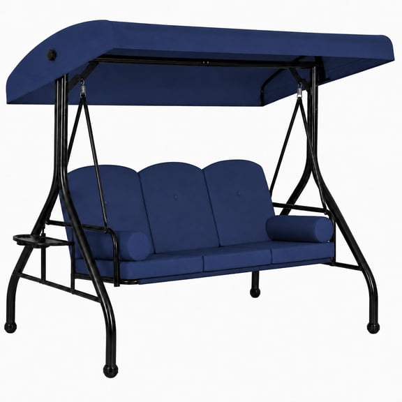 3-Seat Outdoor Swing Chair with Canopy – Heavy Duty Steel Frame, Weather Resistant Cushioned Patio Bench for Garden, Porch, Deck, Lawn – Navy Blue
