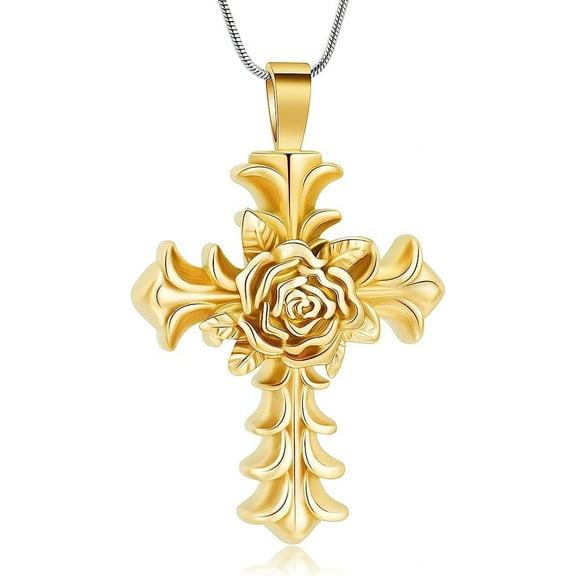 Cross Cremation Jewelry For Ashes Rose Shape Stainless Steel Cross Memorial Cremation Ashes Urn Necklace Keepsake Jewelry