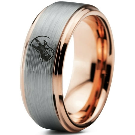 Tungsten Musician Electric Guitar Band Ring 8mm Men Women Comfort Fit 18k Rose Gold Step Bevel Edge Brushed (Best 80s Bands And Musicians)