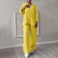thumbnail image 4 of vigerkar Linen Two Piece Set Women Pants Casual Outfits Wide Leg Pants Long Sleeve Button Down Shirt Lounge Streetwear Sets Yellow, L, 4 of 7