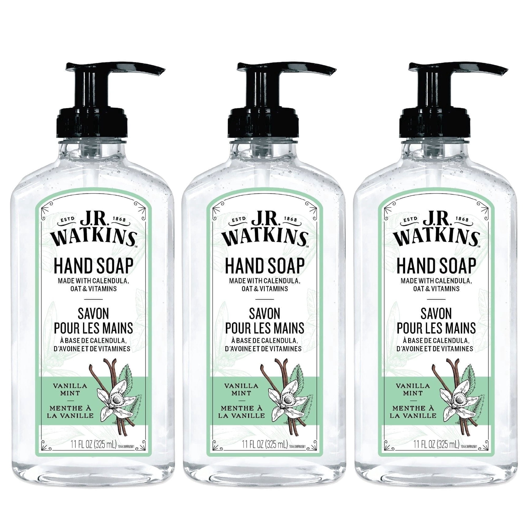 J.R. Watkins Gel Hand Soap, Vanilla Mint, 11oz (3 Pack)