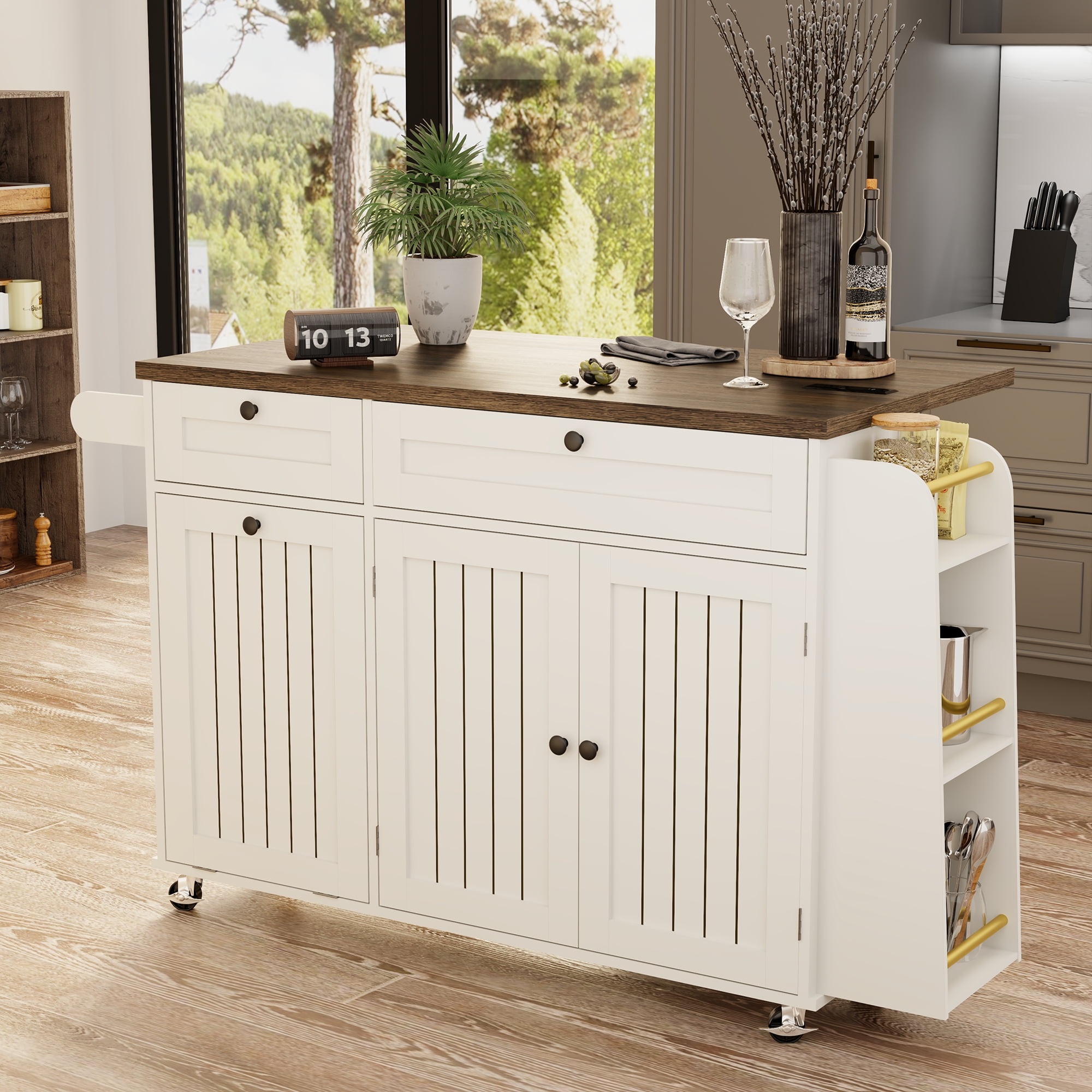Multifunctional Kitchen Island Cart with Electrical Outlet, Drawers & Wheels – Mobile Storage & Prep Station for Small Spaces, Brown & White