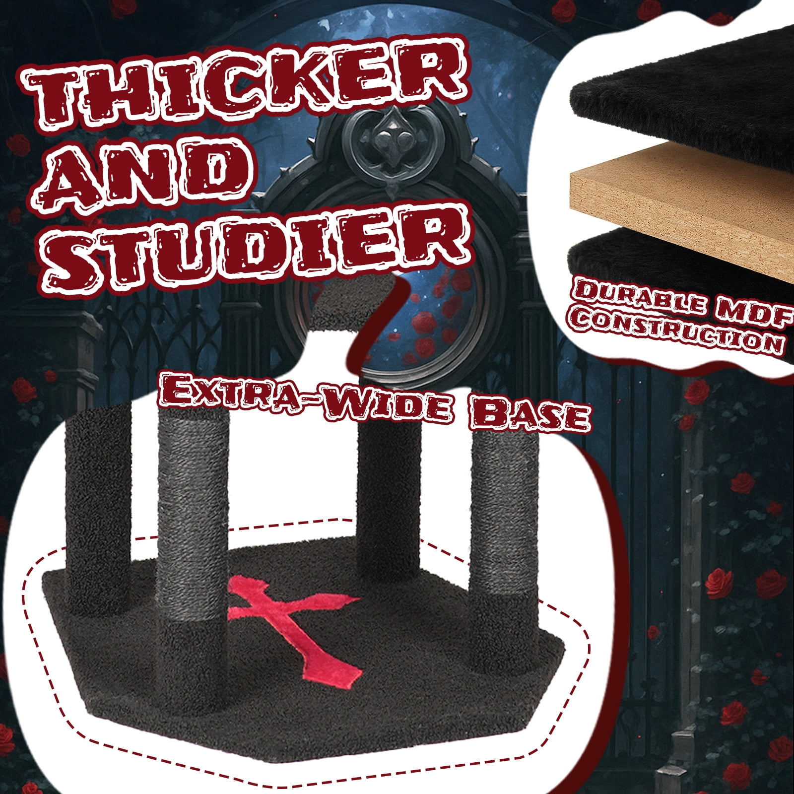 ZephyPaws 57" Gothic Cat Tower for Indoor Cats, Multi-Level Cat Tree with Large Condo, Scratching Posts, Cross Top Design, Hanging Toy & Plush Surfaces, Black and Red