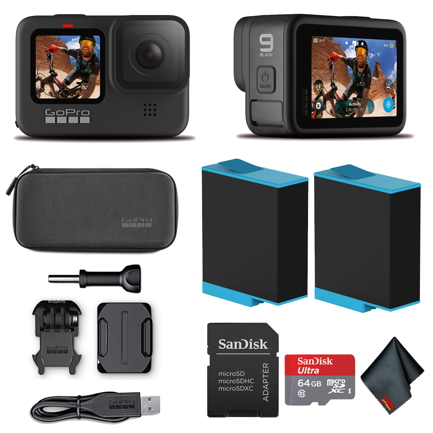 Action　Camera　LCD　Sandisk　with　Card　GoPro　HERO9　Extra　Live　Stabilization　and　20MP　Front　(HERO　Screens,　Video,　5K　9)　64GB　Photos,　Touch　Black　and　Waterproof　HD　Rear　1080p　Streaming,　Battery