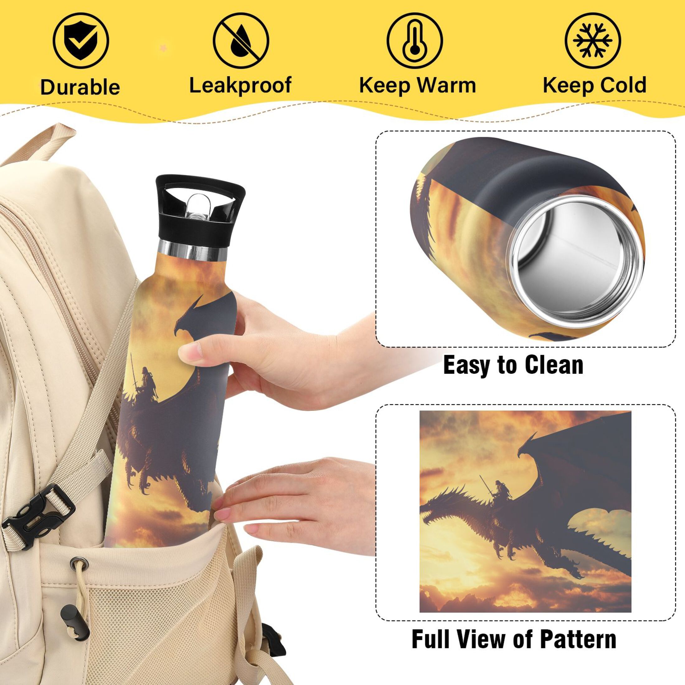 600ML Stainless Steel Insulated Cup Sports Water Bottle Portable Thermos Cup Water Glasses Insulated Tumblers Convenient and Durable Ride The Dragon