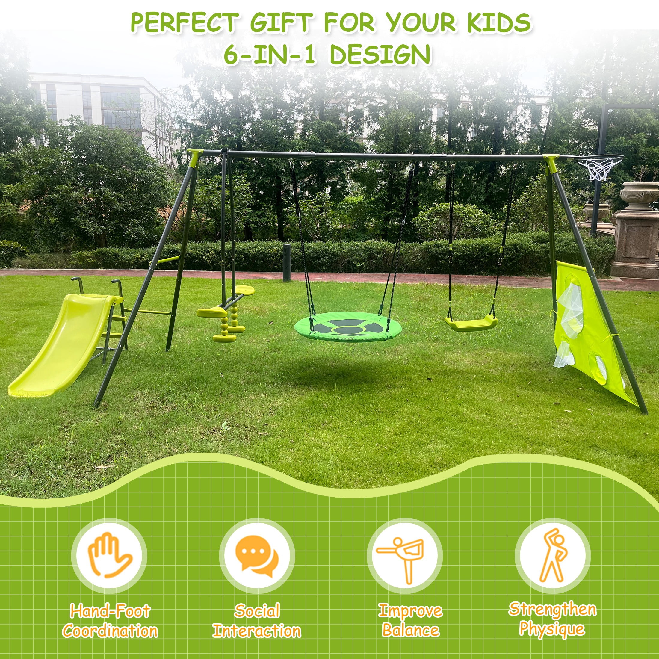 Aukfa 6 in 1 Outdoor Swing Set for Kids, 450Lbs Heavy-Duty Metal Frame with Glide Ride, Slide, Belt Swing, Disc Swing, Basketball Hoop and Soccer Goals for Backyard Playground, Green