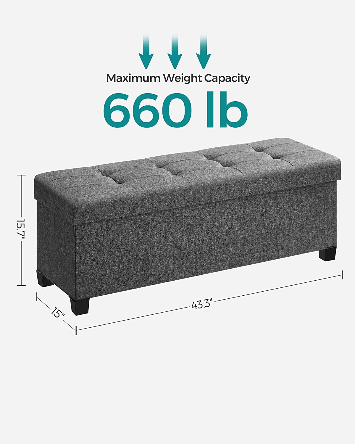 SONGMICS 43.3" Storage Ottoman Bench Ottoman with Storage CoEnd of Bed Storage Holds Up to 660 lb for Living Room Dark Gray