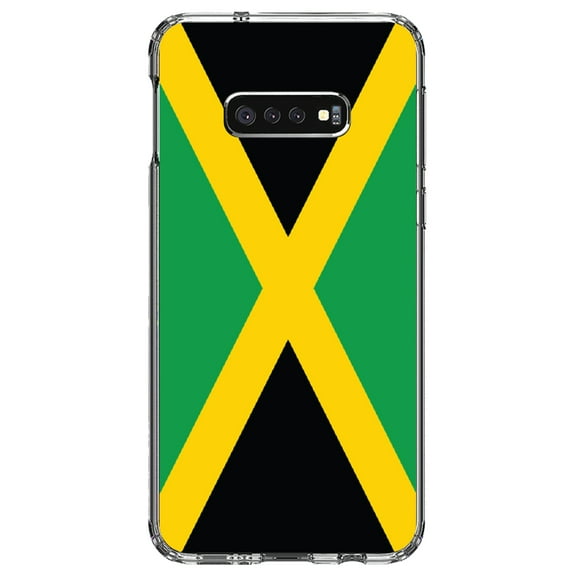 DistinctInk Clear Shockproof Hybrid Case for Samsung Galaxy S10e (5.8" Screen) - TPU Bumper, Acrylic Back, Tempered Glass Screen Protector - Jamaica Flag Black Green Yellow - Jamaica