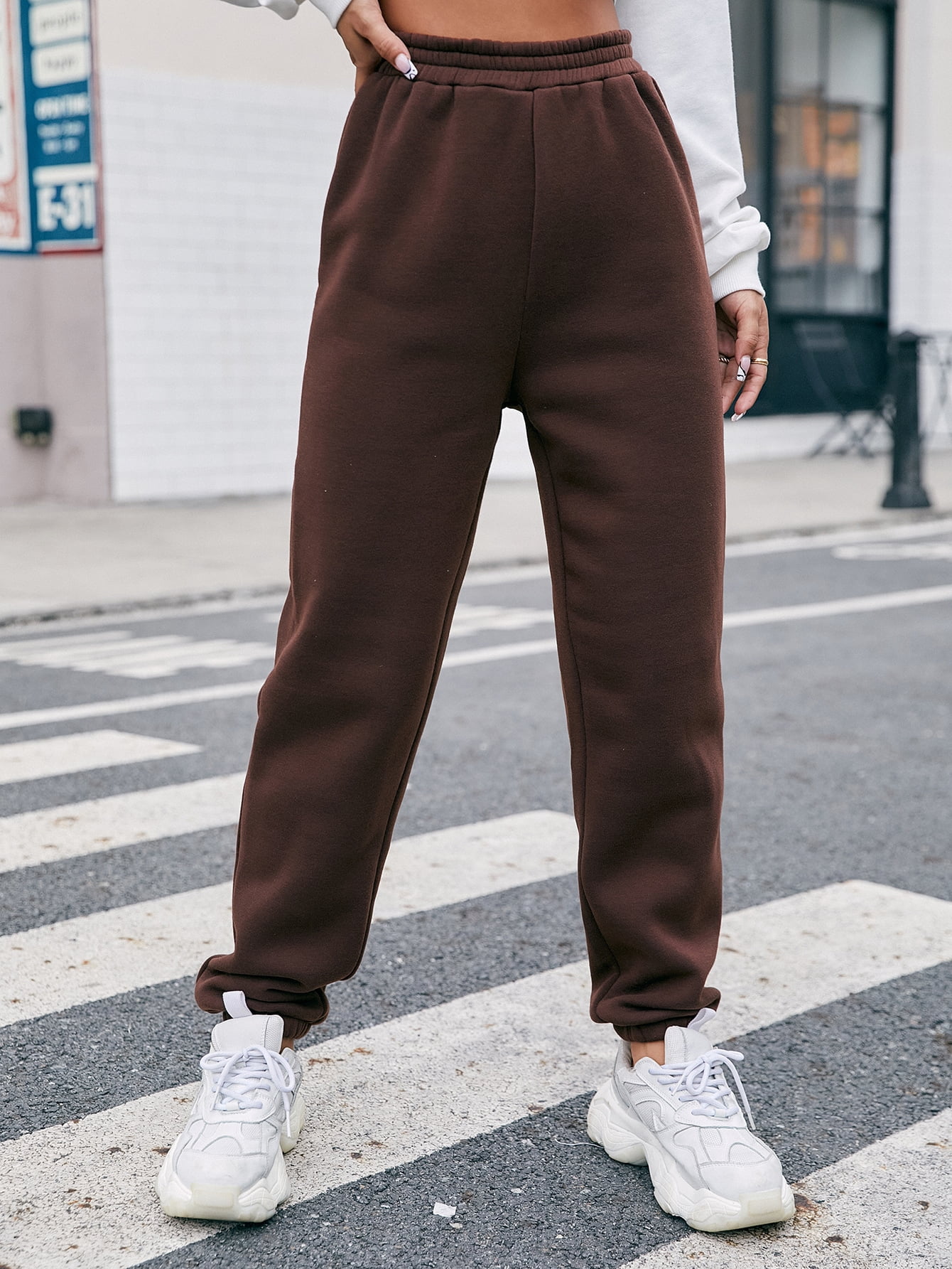 Elastic Waist Solid Sweatpants L 